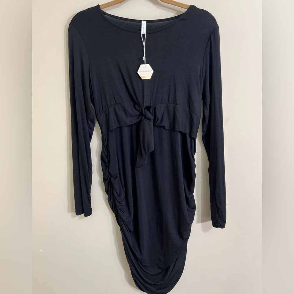 PINKBLUSH MATERNITY Women’s Tie Front Long‎ Sleeve Ruched Side Dress Fall Size L